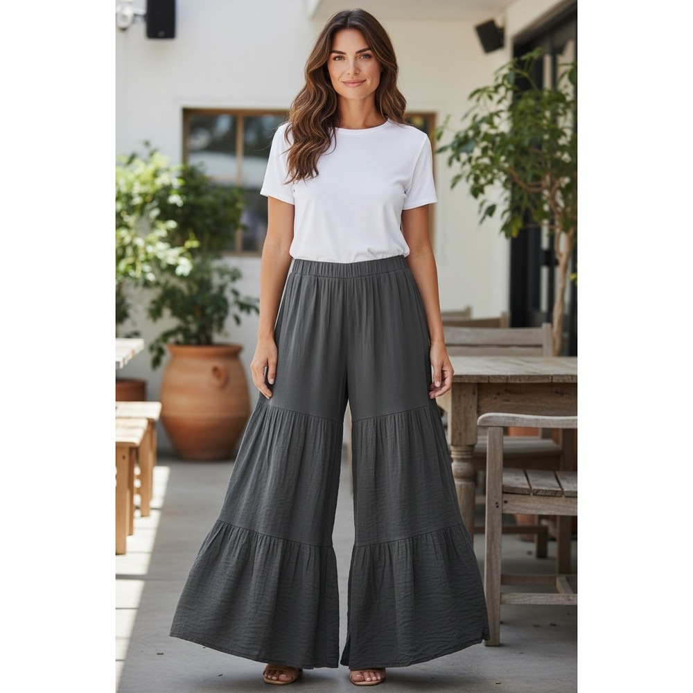 Blue Buttercup Tiered Wide Leg Pants Womens L Gray Boho Rayon Viscose USA